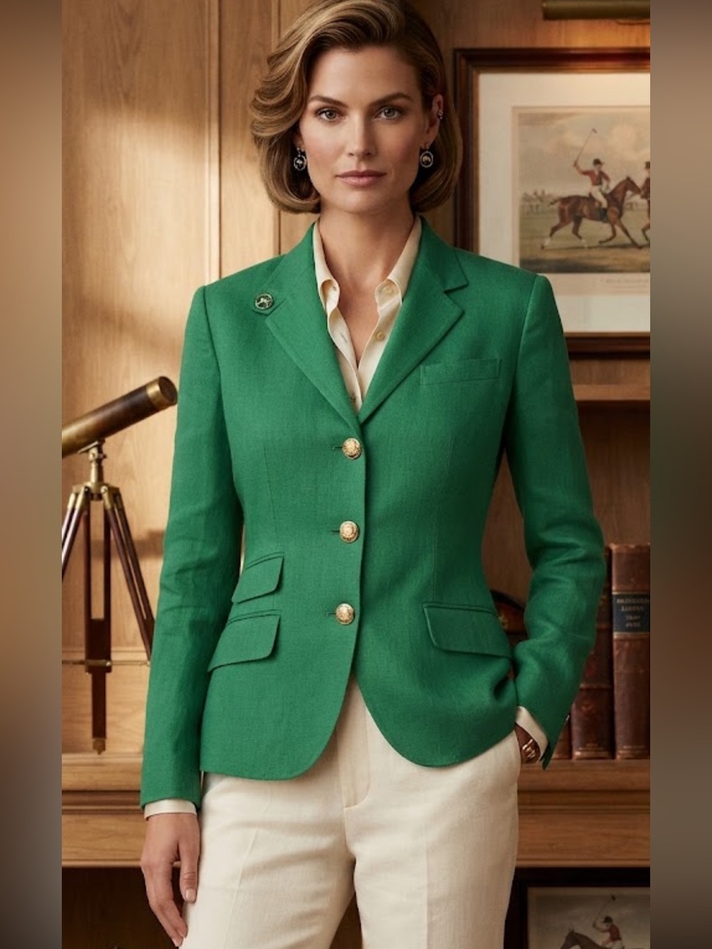 NWOT Lauren Ralph Lauren Green 100% Linen Blazer Gold Crest Buttons Button Neck